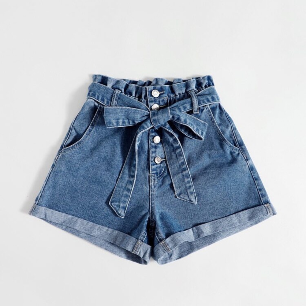 high waisted tie up denim shorts